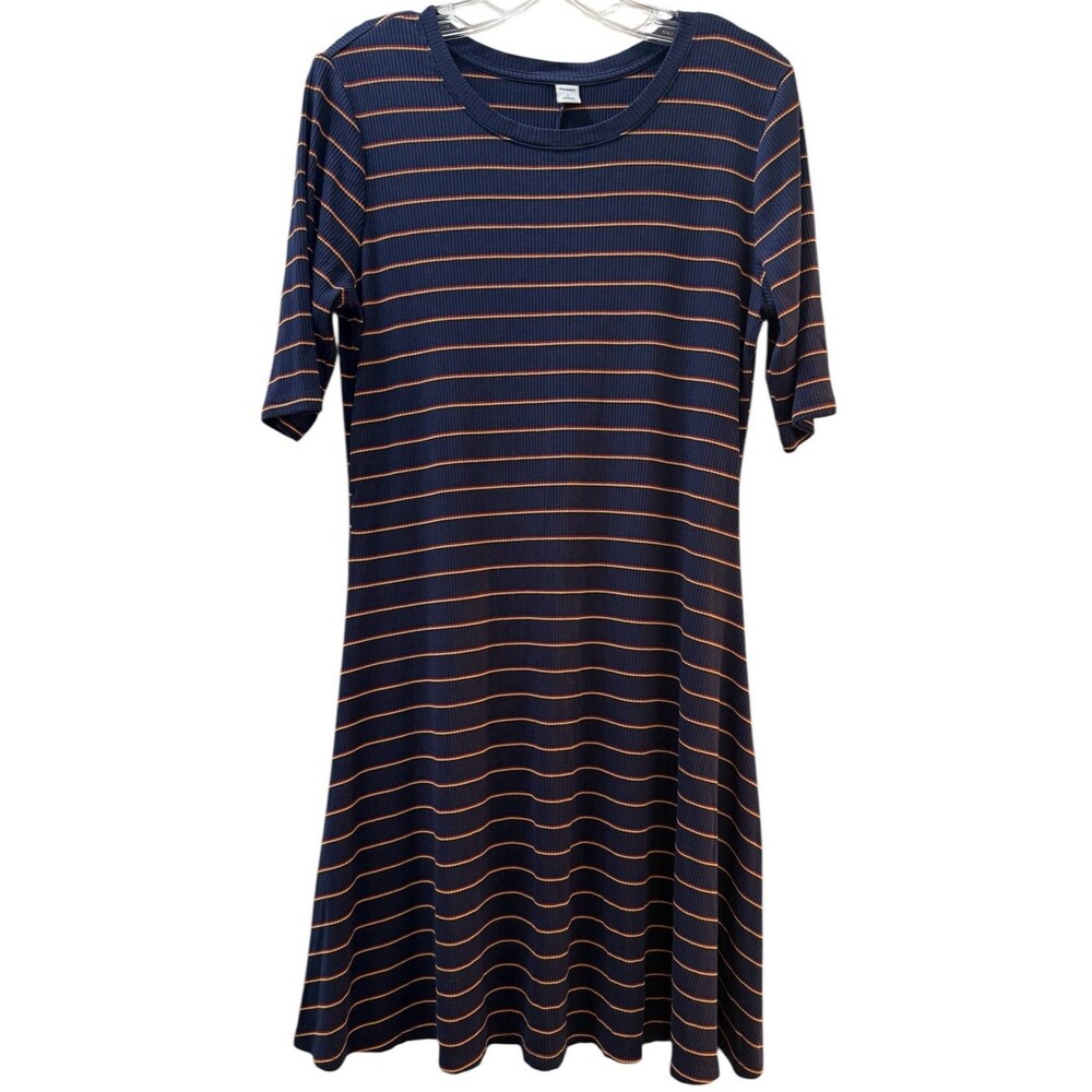 Old Navy Ribbed Knit T Shirt Dress Size Large Navy Blue Striped Stretch Casual